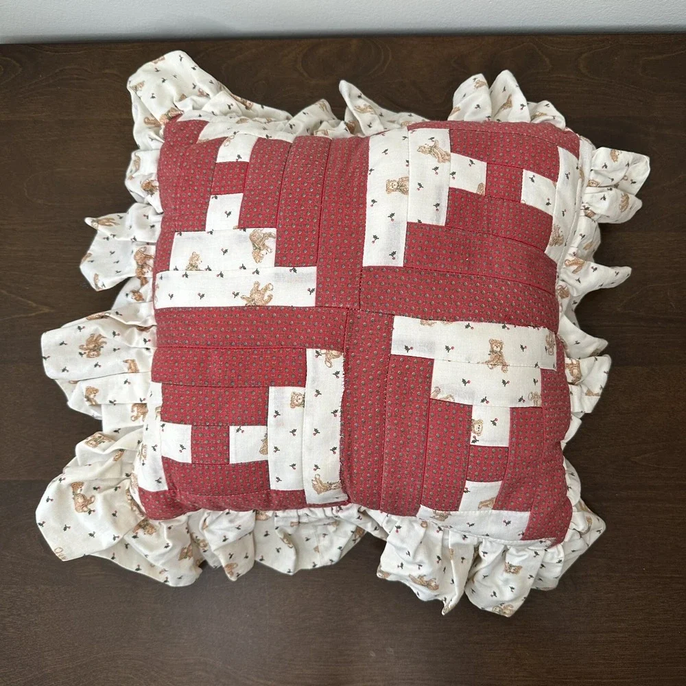 Vintage Christmas Quilted Pillow Handmade Throw Pillow Shabby Cottage Bear Red